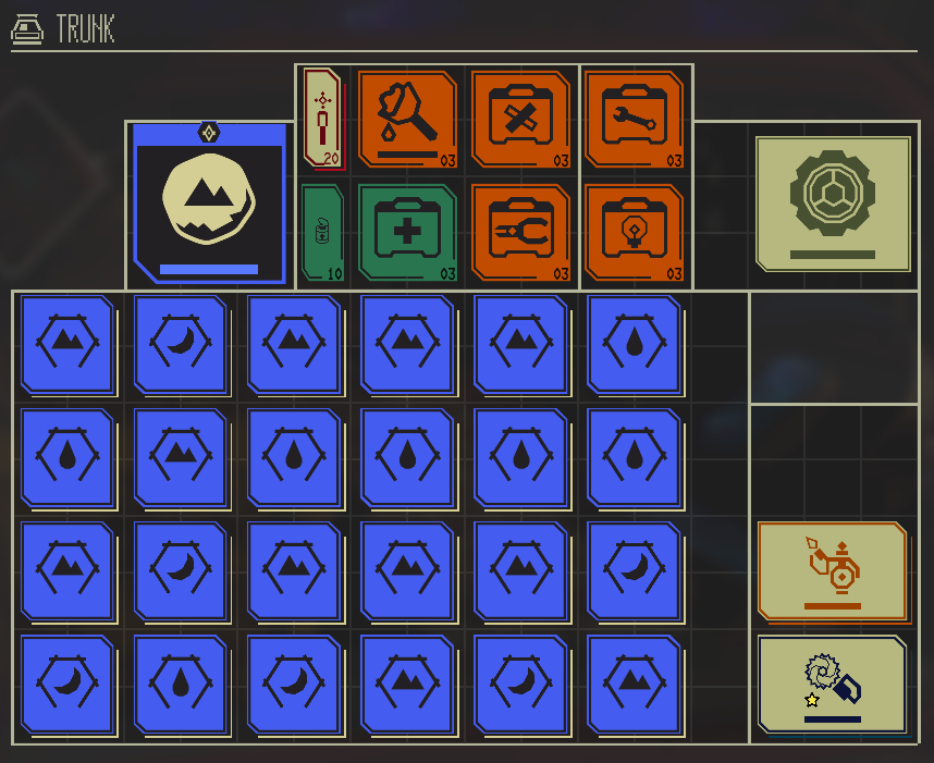 20 flares, 3 repair putty, 3 sealing kits, 3 mechanics kit, 1 3x3 bounty (of vales), 1 offroad tire, 10 cans of food, 3 healing kits, 3 electricians kit, 3 light replacement kit, 24 artifacts, 1 olympium blowtorch, 1 peculiar plasma scrapper