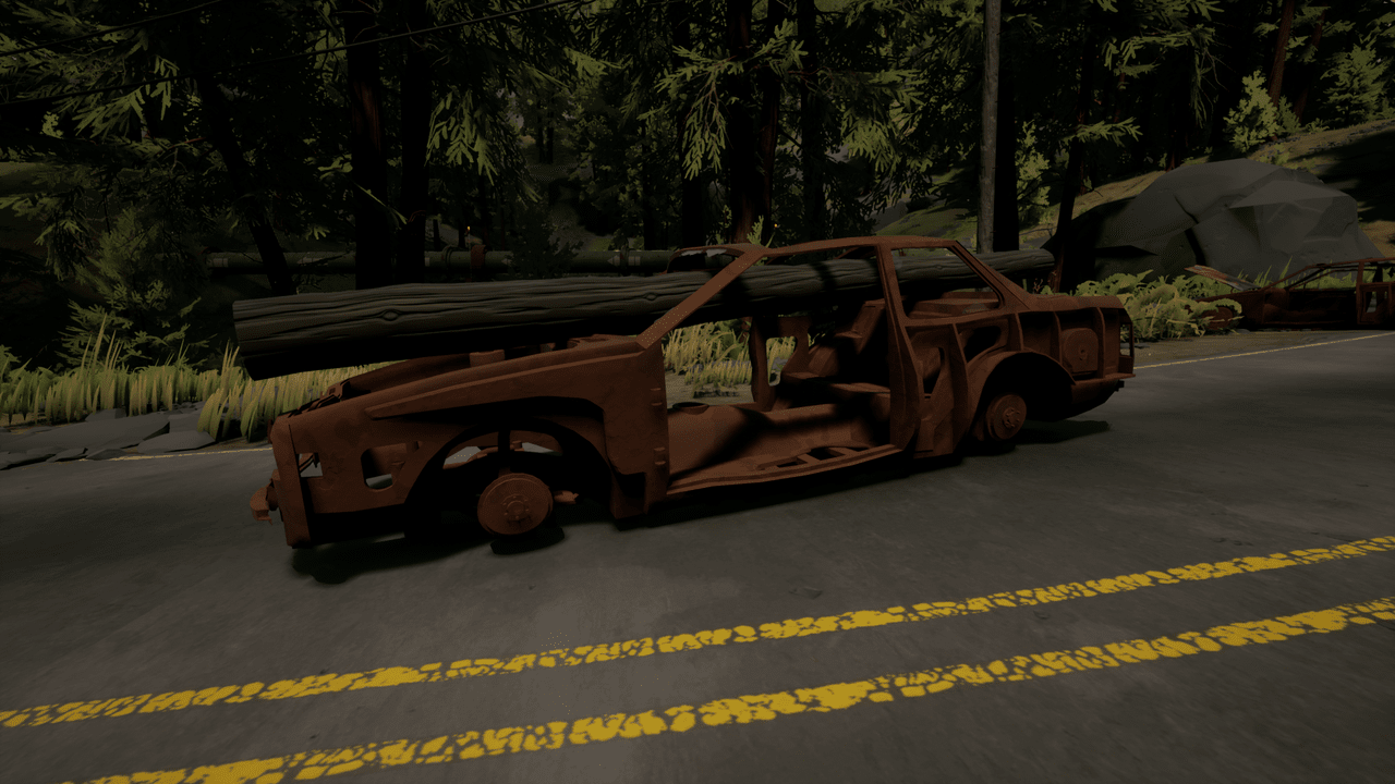 A rusty car frame. A log is wedged in the car through the windshield.