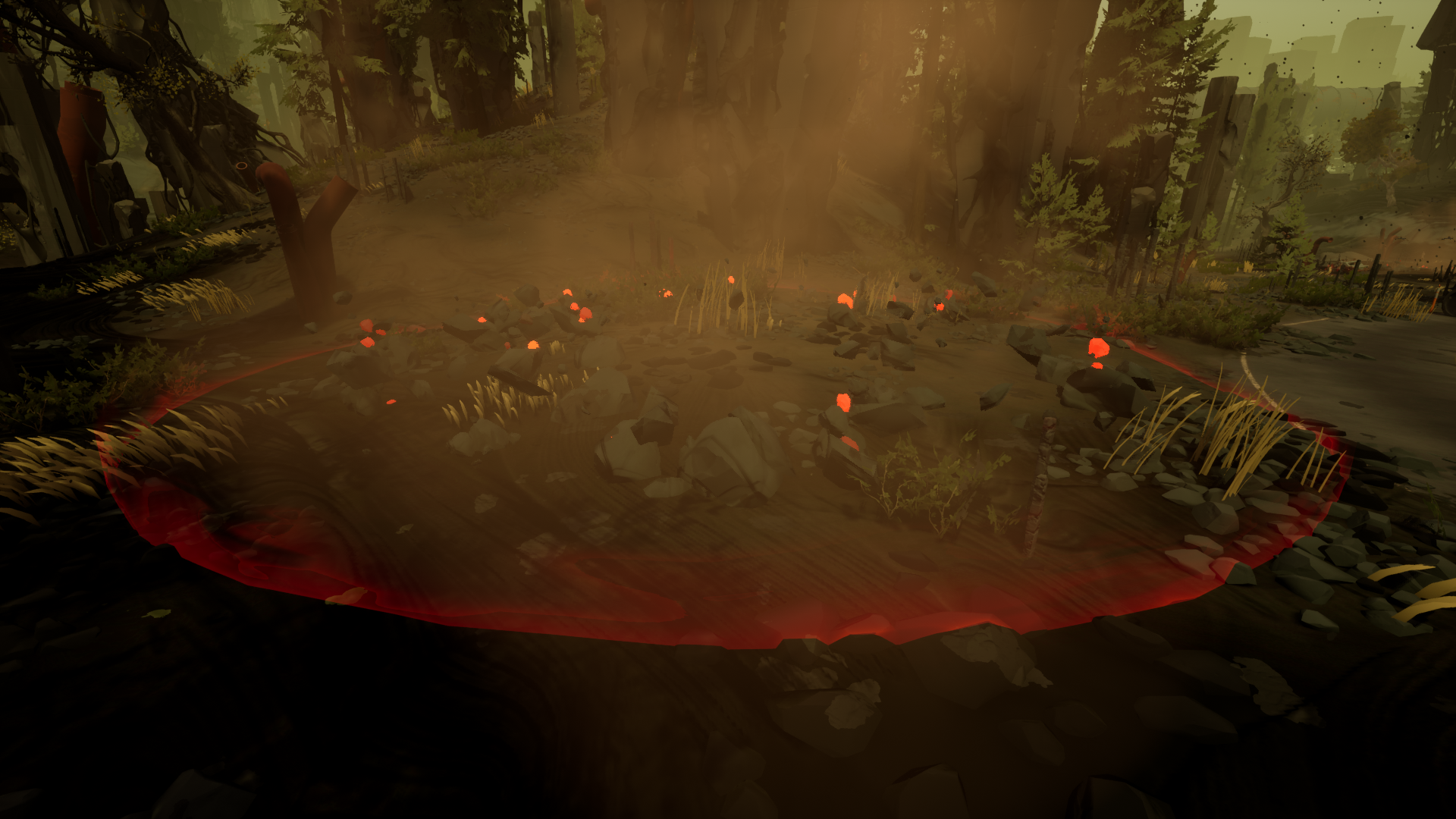 A devil grinder Anomaly, which is a red circled area with various rocks moving around inside.