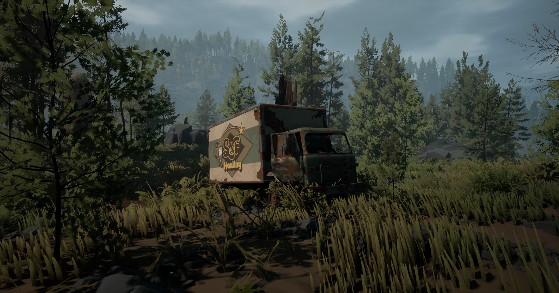 A screenshot of a short, six-wheeled moving truck among grass, rocks, and trees. It is painted green and white, and has a decal marking it as "S&F Hauling". Its colors are desaturated and the truck looks rusted.